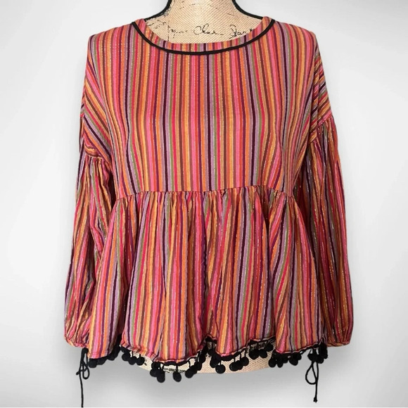AMARYLLIS Women's Colorful Striped Long Sleeve Top With Pom Pom Trim Small | EUC - Picture 1 of 5